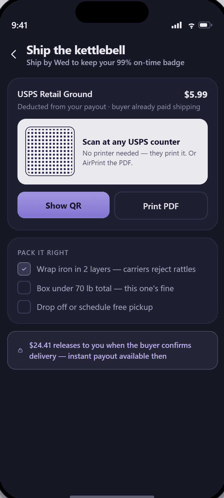 Kidsterr order screen — the seller has marked the parcel as sent