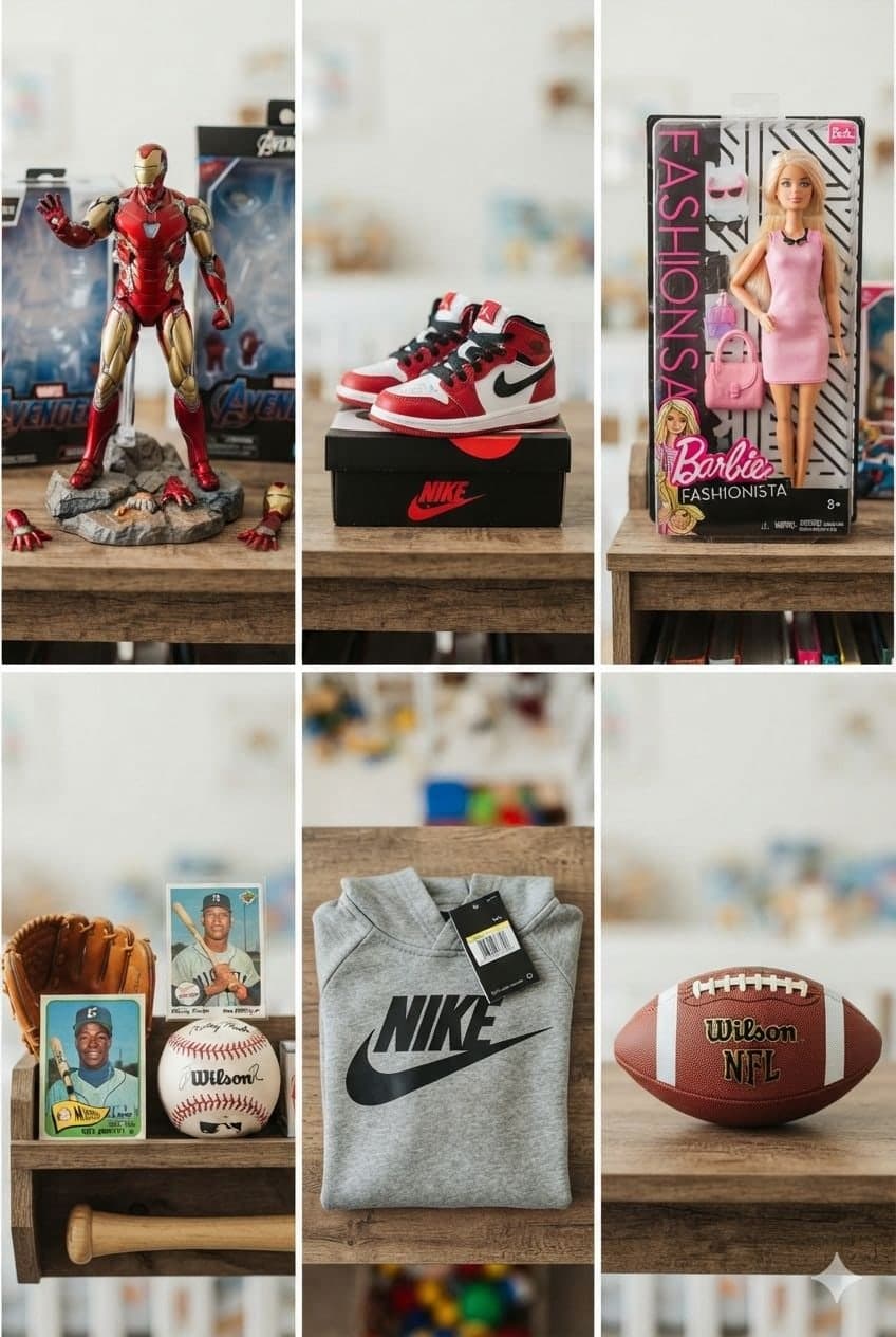 Things kids outgrow, ready to resell: an Iron Man figure, Nike sneakers, a boxed Barbie, baseball cards and a glove, a Nike hoodie and a football.